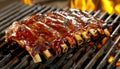 Sizzling succulent american bbq ribs cooking on natural charcoal grill with smoke rising, juicy meat Royalty Free Stock Photo