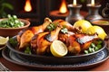 Sizzling Tandoori Feast: Platter of Tandoori Chicken, Marinade Rich in Spices, Garnished with Fresh Lemon and Coriander