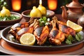 Sizzling Tandoori Feast: Platter of Tandoori Chicken, Marinade Rich in Spices, Garnished with Fresh Lemon and Coriander