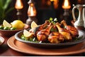 Sizzling Tandoori Feast: Platter of Tandoori Chicken, Marinade Rich in Spices, Garnished with Fresh Lemon and Coriander