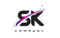 SK S K Black Letter Logo Design with Purple Magenta Swoosh