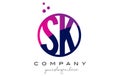 SK S K Circle Letter Logo Design with Purple Dots Bubbles