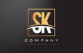 SK S K Golden Letter Logo Design with Gold Square and Swoosh.