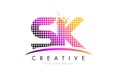 SK S K Letter Logo Design with Magenta Dots and Swoosh