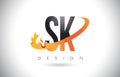 SK S K Letter Logo with Fire Flames Design and Orange Swoosh.