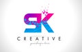 SK S K Letter Logo with Shattered Broken Blue Pink Texture Design Vector.