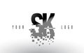 SK S K Pixel Letter Logo with Digital Shattered Black Squares