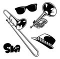 Ska style set, musical brass instruments, hat and sunglasses. Vector illustration. Royalty Free Stock Photo