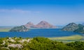 Skadar lake national park landscape. Lake, Crnojevica river and beautiful mountains of Montenegro. Royalty Free Stock Photo