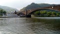 Skagerrak Bridge, over Moselle River, view in sunset light, Cochem, Germany