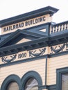 Stunning features and striking colors of facade detail of Railroad Building