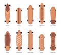 Skate board types. Different wooden longboards shapes, isolated icons, cruiser, penny and old school. Front view classic