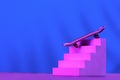 Skate in pink on the stairs, as a symbol of extreme sports, skateboarding, parkour, roller skates on a blue background