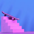 Skate in pink on the stairs, as a symbol of extreme sports, skateboarding, parkour, roller skates on a blue background