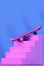 Skate in pink on the stairs, as a symbol of extreme sports, skateboarding, parkour, roller skates on a blue background