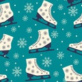 Skate. Seamless Christmas pattern on blue background.