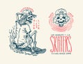 Skateboard badges and logo. Vintage retro Template for t-shirt and typography. Skeletons ride on the boards concept and