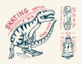 Skateboard badges and logo. Vintage retro Template for t-shirt and typography. Street dinosaur and skeletons ride on the