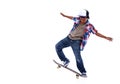 Skateboard, black boy and kid in a studio with mockup and jump trick with young style. Isolated, white background and