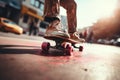 Skateboard, closeup pink skate wheel and foot or leg