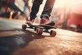 Skateboard, closeup pink skate wheel and foot or leg