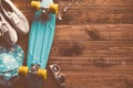 Skateboard flat lay on wooden floor