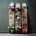 Skateboard in front of a blackboard, with many different designs