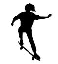 Black silhouette of skateboarder isolated on white background. Skateboard girl. Skateboarding trick ollie. Royalty Free Stock Photo