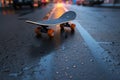 Skateboard gliding smoothly on gritty asphalt, urban adventure in motion
