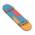 Skateboard illustration with a vibrant design featuring a blue and orange deck adorned Royalty Free Stock Photo