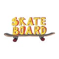 Skateboard isolated on white. Doodle Longboard, pennyboard. Lettering skateboard. Hand drawn vector illustration for