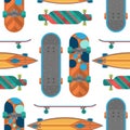 Skateboard items fingerboard seamless pattern background vector sport equipment skating transportation decorative speed Royalty Free Stock Photo