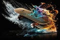 Skateboard with multicolored splashes of water on a black background