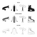 Skateboard, oxygen tank for diving, jumping, hockey skate.Extreme sport set collection icons in black,monochrome,outline Royalty Free Stock Photo