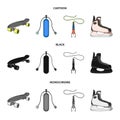 Skateboard, oxygen tank for diving, jumping, hockey skate.Extreme sport set collection icons in cartoon,black,monochrome Royalty Free Stock Photo