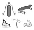 Skateboard, oxygen tank for diving, jumping, hockey skate.Extreme sport set collection icons in monochrome style vector Royalty Free Stock Photo