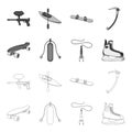 Skateboard, oxygen tank for diving, jumping, hockey skate.Extreme sport set collection icons in outline,monochrome style Royalty Free Stock Photo