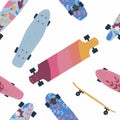 Skateboard pattern with vector different skate decks in flat design. Skateboarding seamless background with boards of different