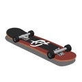 Skateboard with a red and black deck featuring a white abstract design. The board\'s Royalty Free Stock Photo