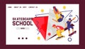 Skateboard school banner web design cards vector illustration. Teenagers riding and doing tricks, jumping on skate