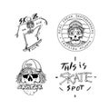 Skateboard shop set. Skeletons ride on the boards. Fiery head and skull. Vintage retro labels and badges for t-shirts Royalty Free Stock Photo