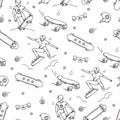 Skateboard, a teenager performs tricks with a seamless pattern on a white background. Vector illustration.