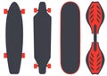 Skateboard types, set. Different skateboards in the same colours. Vector illustration in flat style, isolated on white.