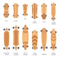 Skateboard types. Wood deck skateboards, boardwalk longboard different shapes hipster teenager skater retro