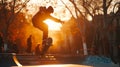 Skateboarder caught mid-trick at a skatepark during a golden sunset with onlookers in the soft-focus background.