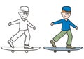 Skateboarder-coloring book, drawing activity, vector illustration