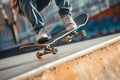 Skateboarder doing trick with skateboard in skatepark