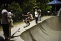 Skateboarder doing trick at skatepark