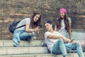 Skateboarder friends on the stairs, made selfie photo