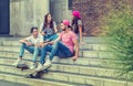 Skateboarder friends on the stairs, made selfie photo